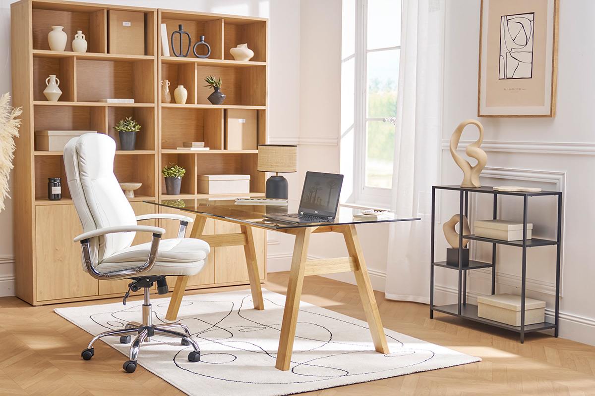 Fauteuil de bureau  roulettes design blanc et acier chrom WALL STREET