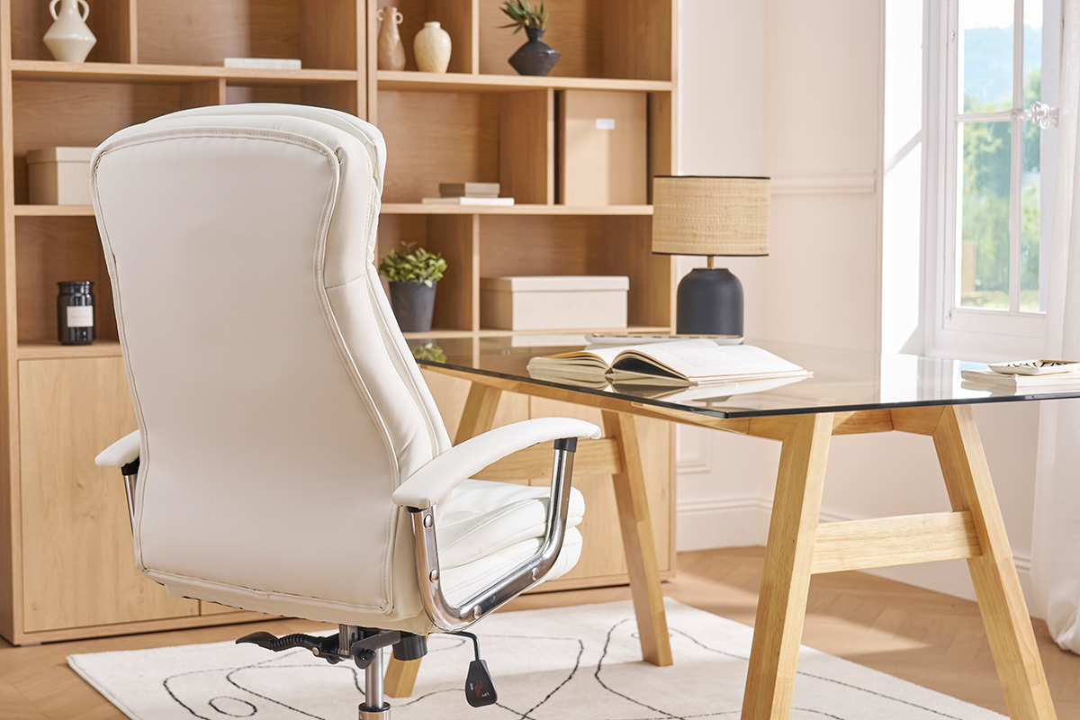 Fauteuil de bureau  roulettes design blanc et acier chrom WALL STREET