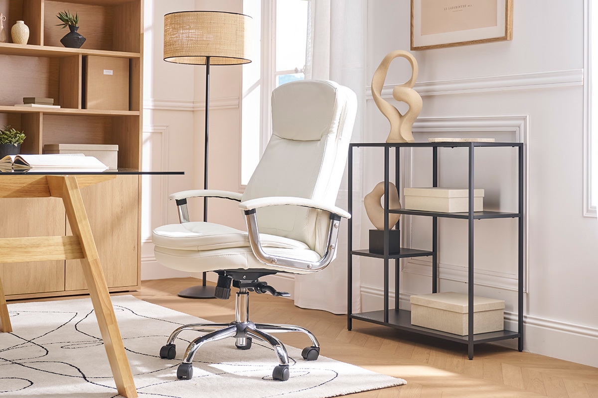 Fauteuil de bureau  roulettes design blanc et acier chrom WALL STREET