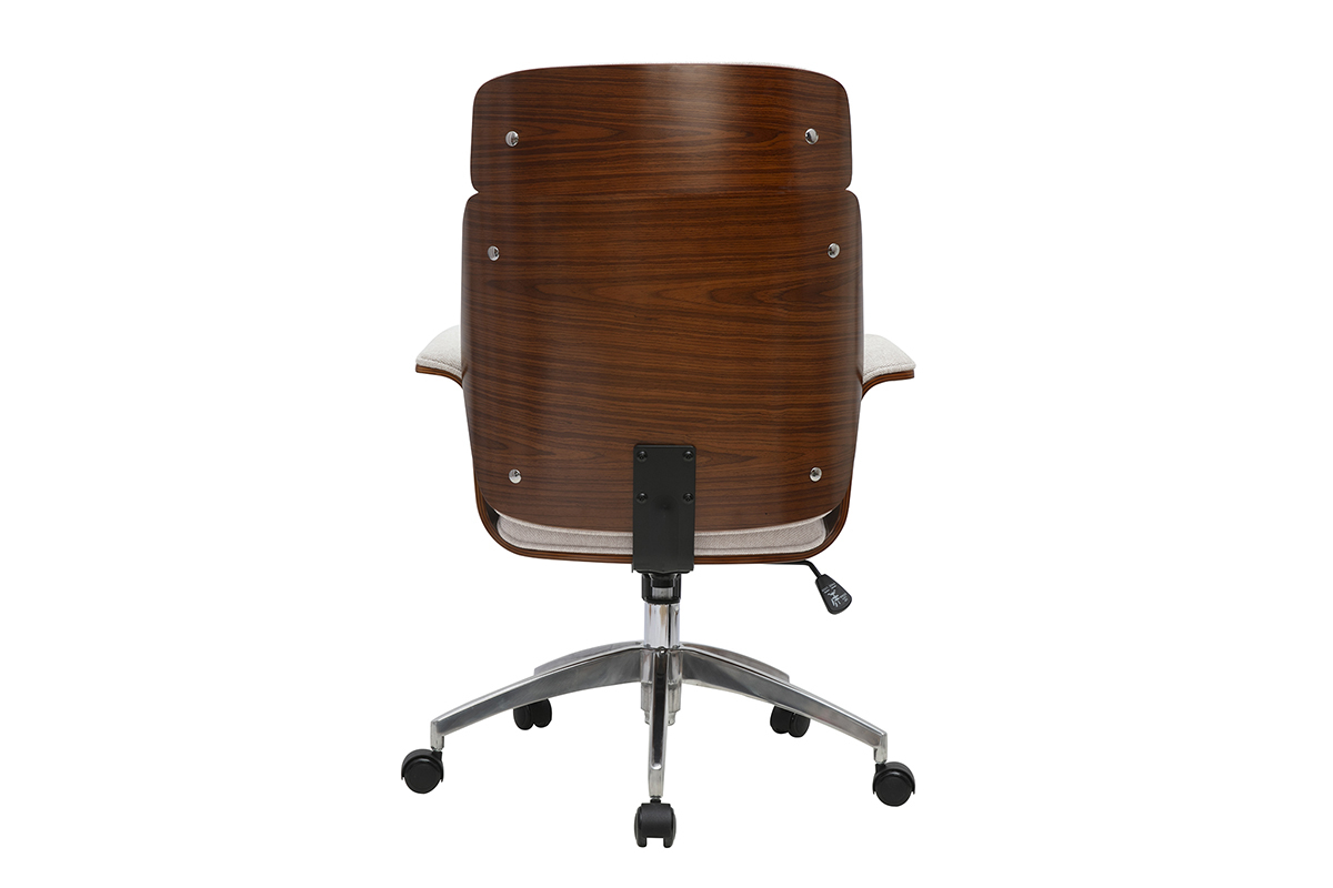 Fauteuil de bureau � roulettes design en tissu effet velours textur� beige, bois fonc� et acier chrom� ELON