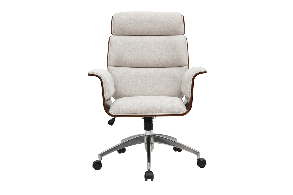 Fauteuil de bureau � roulettes design en tissu effet velours textur� beige, bois fonc� et acier chrom� ELON