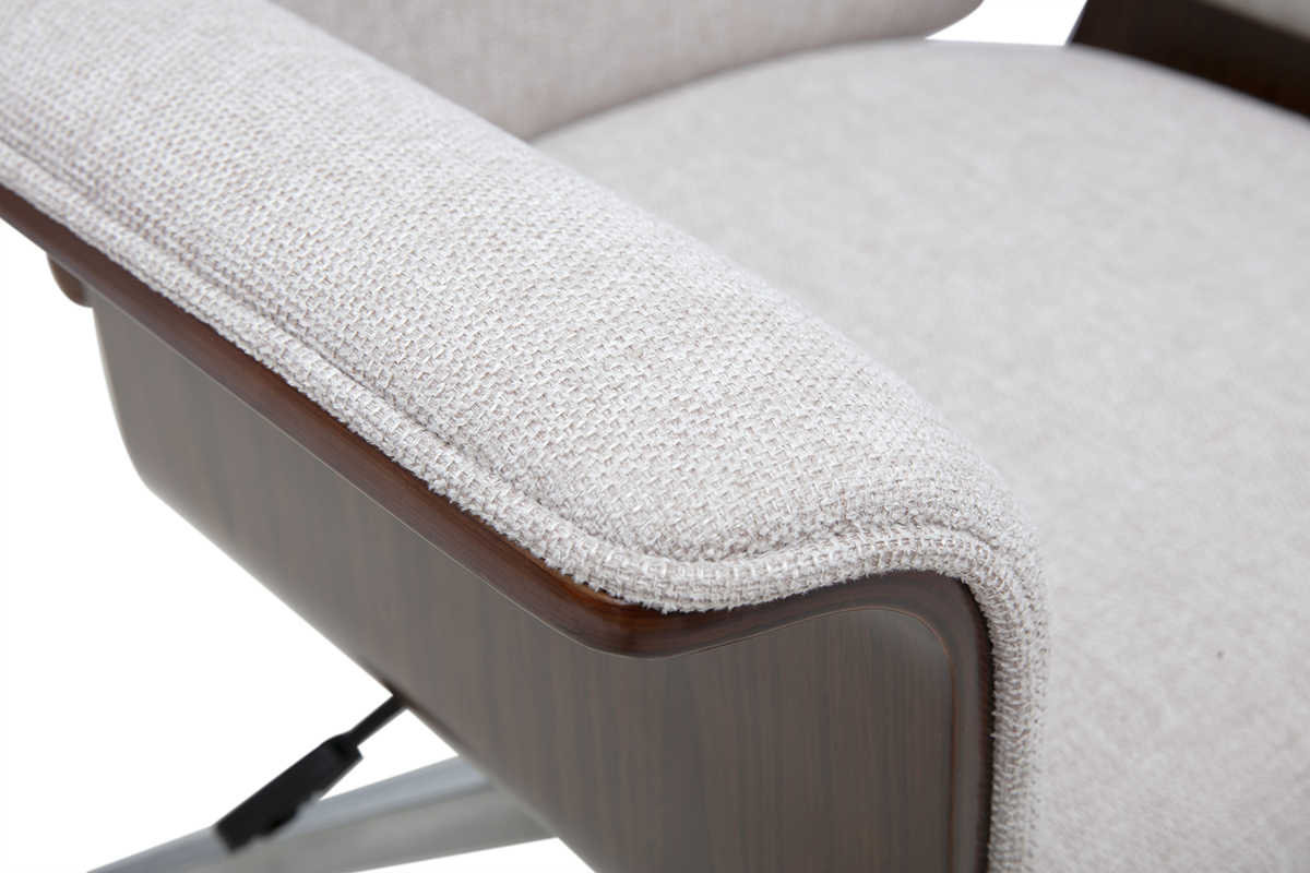 Fauteuil de bureau � roulettes design en tissu effet velours textur� beige, bois fonc� et acier chrom� ELON