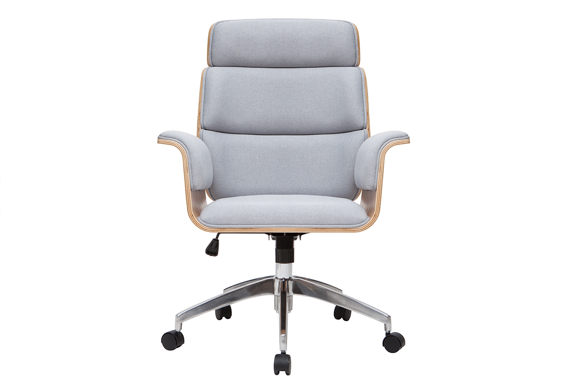 Fauteuil de bureau  roulettes design en tissu gris clair, bois clair et acier chrom ELON
