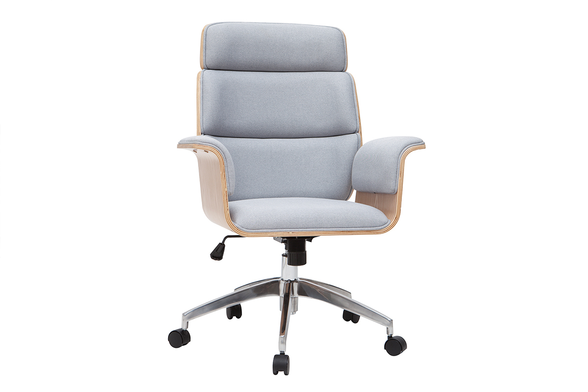 Fauteuil de bureau  roulettes design en tissu gris clair, bois clair et acier chrom ELON