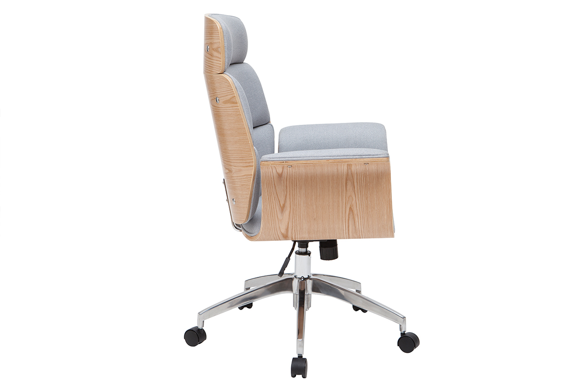 Fauteuil de bureau  roulettes design en tissu gris clair, bois clair et acier chrom ELON