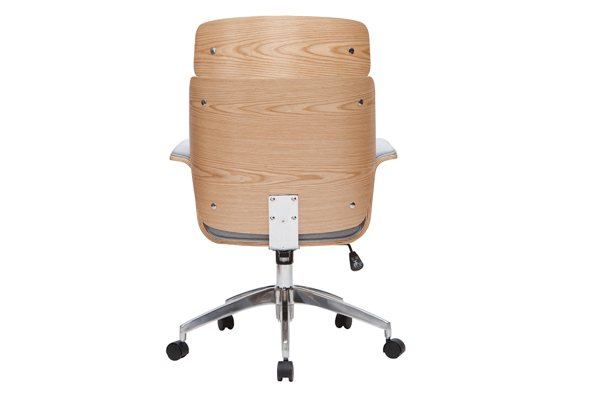 Fauteuil de bureau  roulettes design en tissu gris clair, bois clair et acier chrom ELON