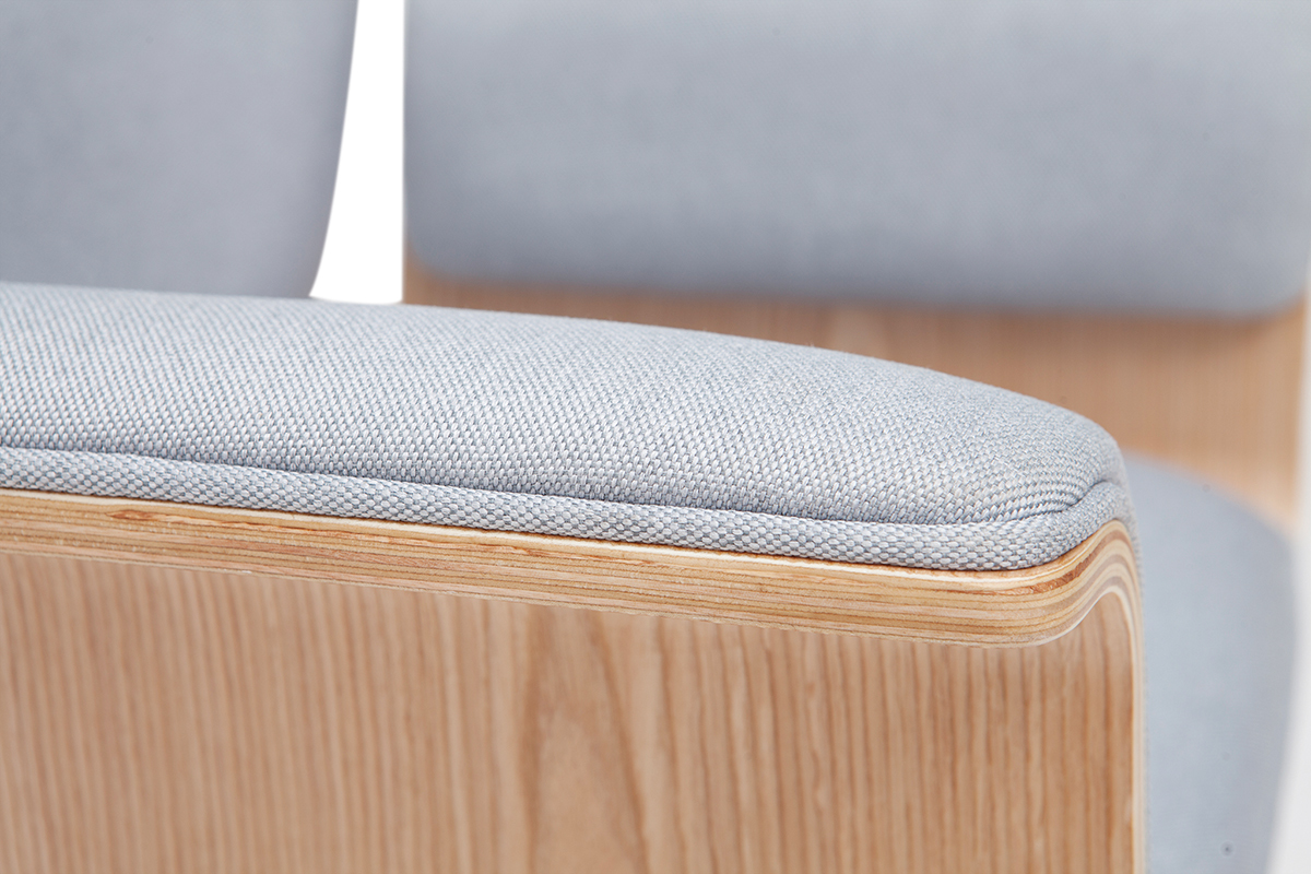 Fauteuil de bureau  roulettes design en tissu gris clair, bois clair et acier chrom ELON