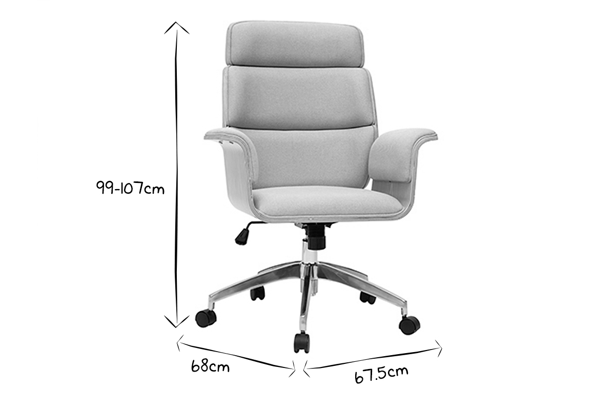 Fauteuil de bureau  roulettes design en tissu gris clair, bois clair et acier chrom ELON