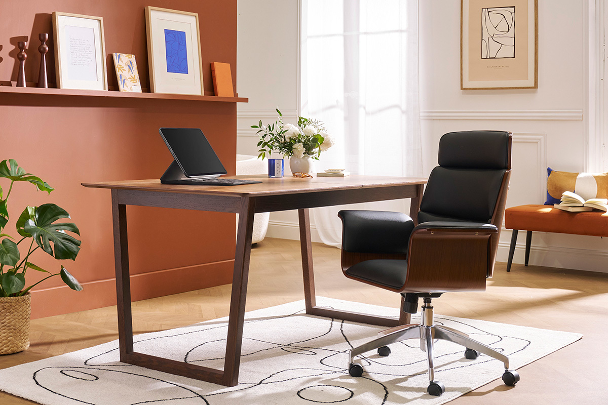 Fauteuil de bureau  roulettes design en tissu gris clair, bois clair et acier chrom ELON
