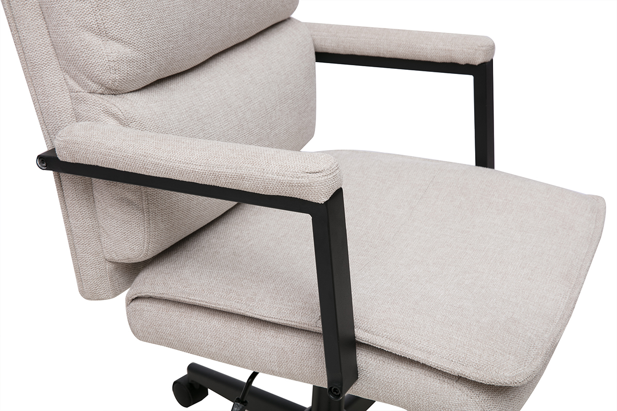 Fauteuil de bureau � roulettes en tissu effet velours textur� beige et m�tal noir SAEL