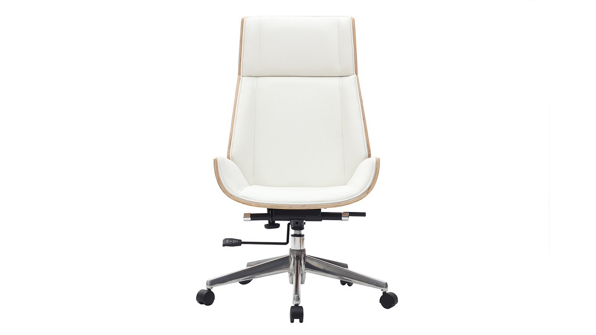 Fauteuil de bureau de direction design blanc, bois clair et acier chrom CURVED