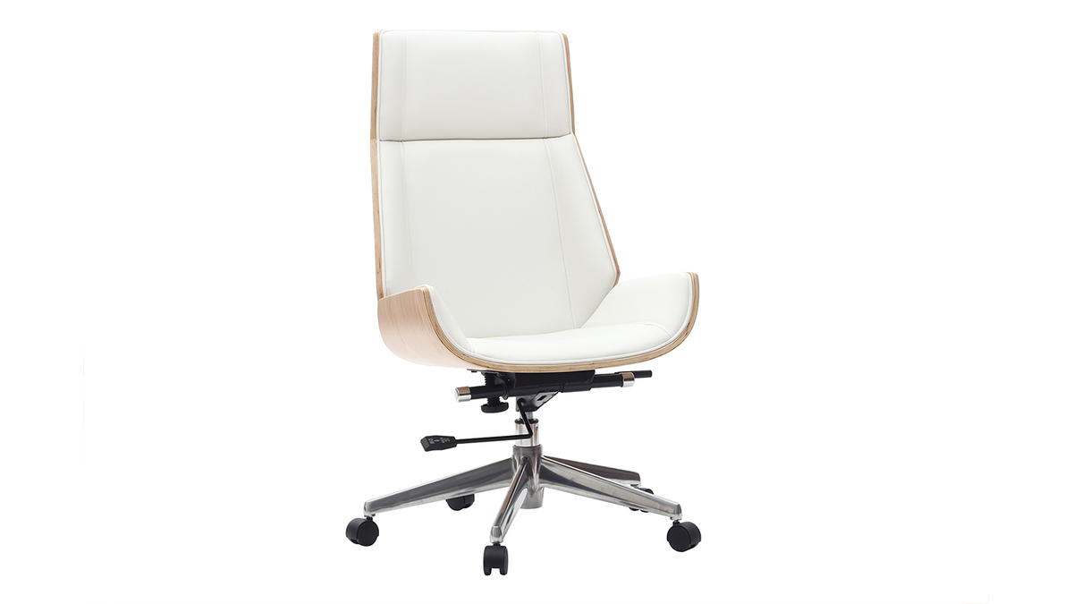 Fauteuil de bureau de direction design blanc, bois clair et acier chrom CURVED