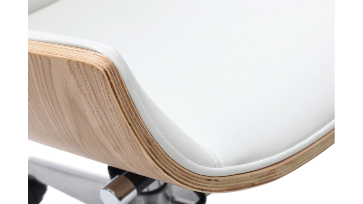 Fauteuil de bureau de direction design blanc, bois clair et acier chrom CURVED