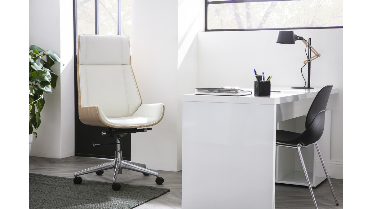 Fauteuil de bureau de direction design blanc, bois clair et acier chrom CURVED