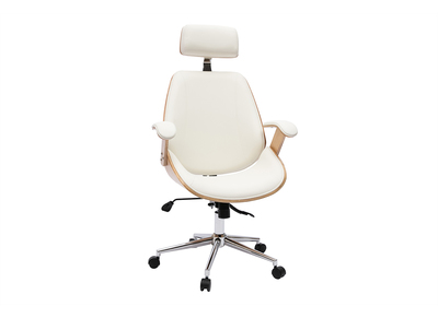 Fauteuil de bureau de direction design blanc, bois clair et acier chromé MUSK