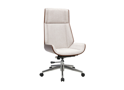 Fauteuil de bureau de direction design en tissu effet velours textur&eacute; beige, bois fonc&eacute; et acier chrom&eacute; CURVED