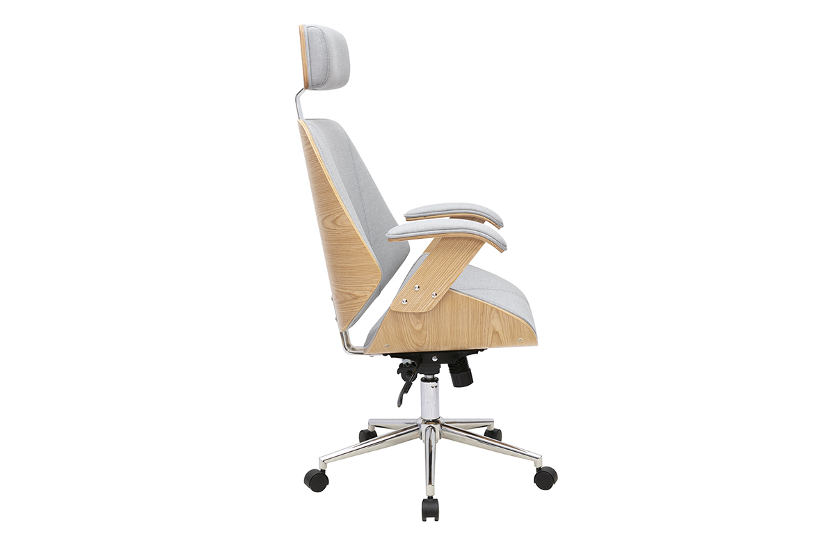 Fauteuil de bureau de direction design en tissu gris, bois clair et acier chrom� MUSK