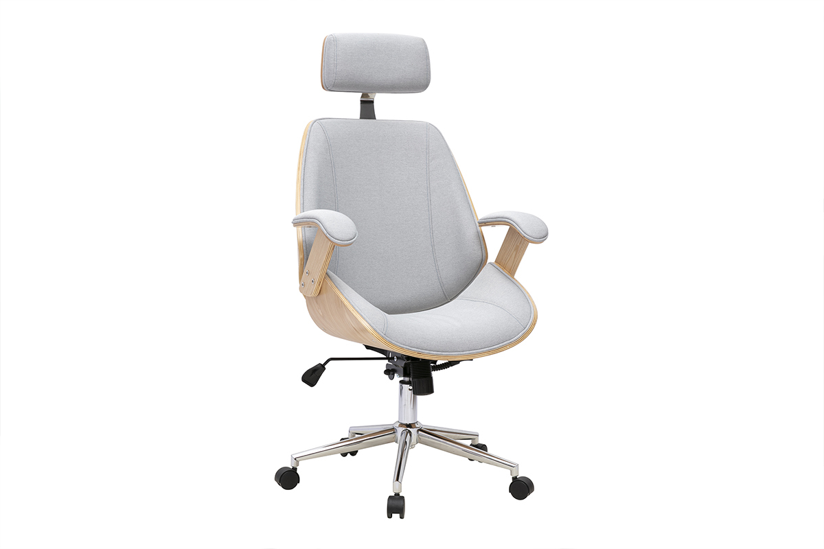 Fauteuil de bureau de direction design en tissu gris, bois clair et acier chrom� MUSK