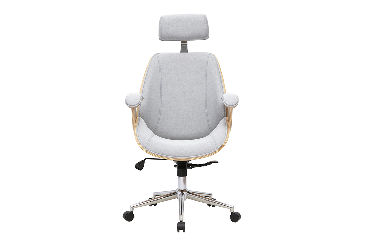 Fauteuil de bureau de direction design en tissu gris, bois clair et acier chrom� MUSK