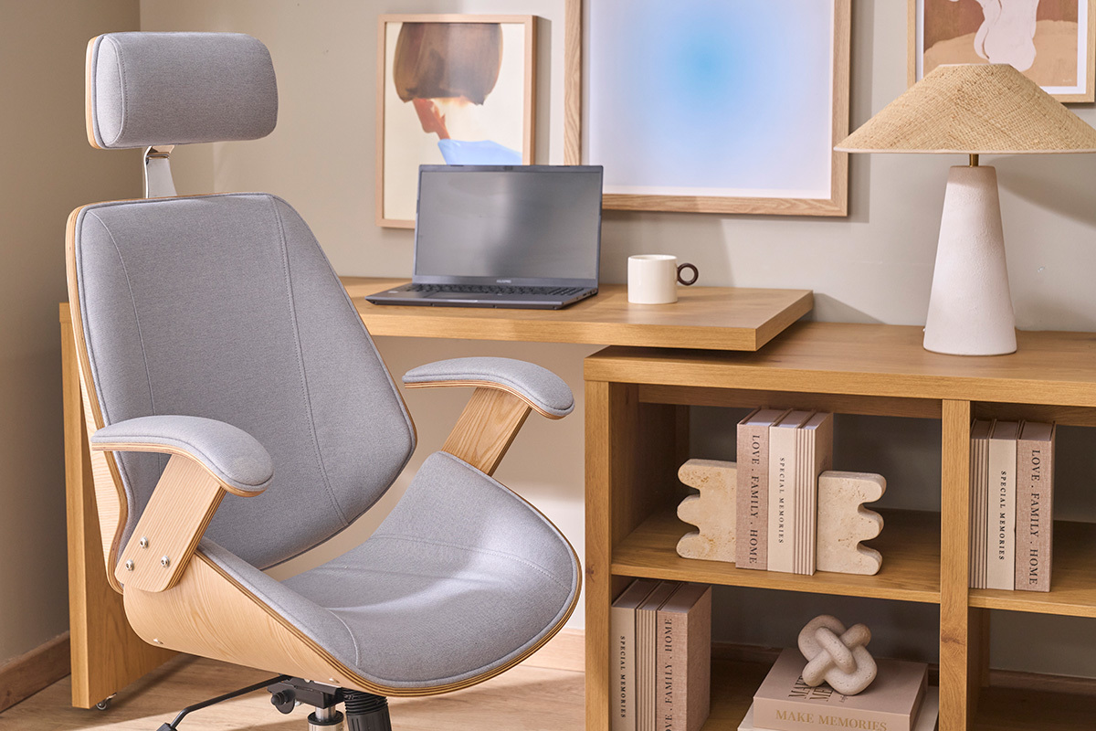 Fauteuil de bureau de direction design en tissu gris, bois clair et acier chrom� MUSK