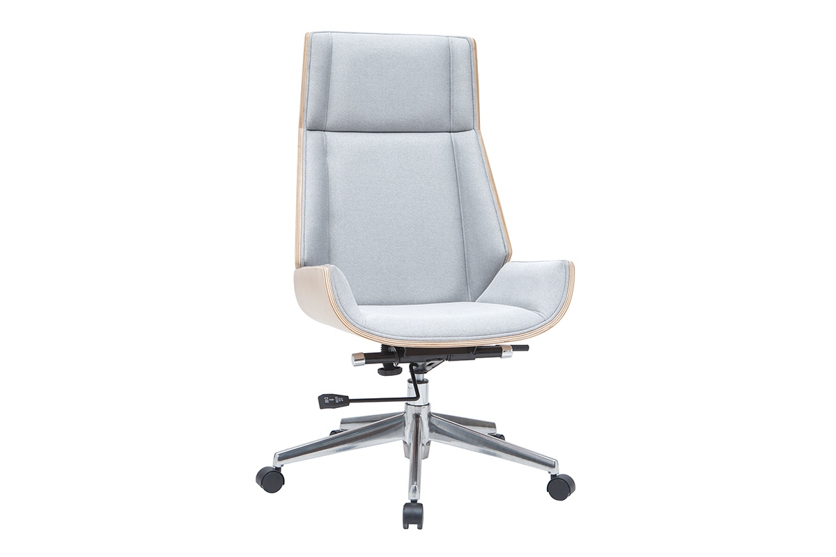 Fauteuil de bureau de direction design en tissu gris clair, bois clair et acier chrom CURVED