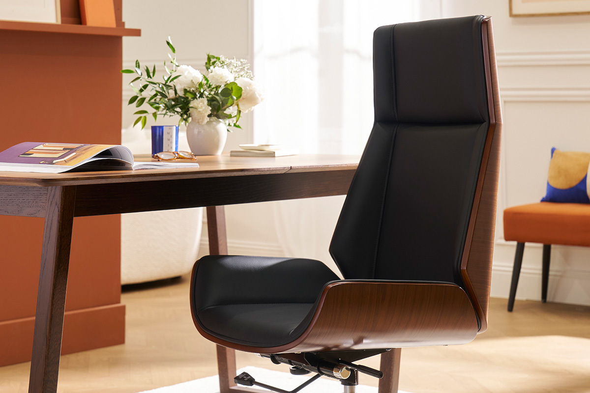 Fauteuil de bureau de direction design noir, bois fonc noyer et acier chrom CURVED