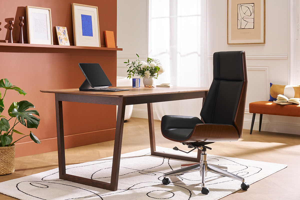 Fauteuil de bureau de direction design noir, bois fonc noyer et acier chrom CURVED