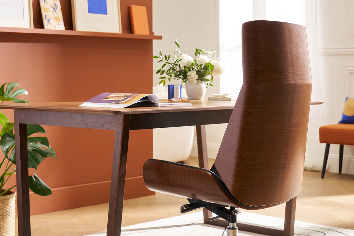 Fauteuil de bureau de direction design noir, bois fonc noyer et acier chrom CURVED