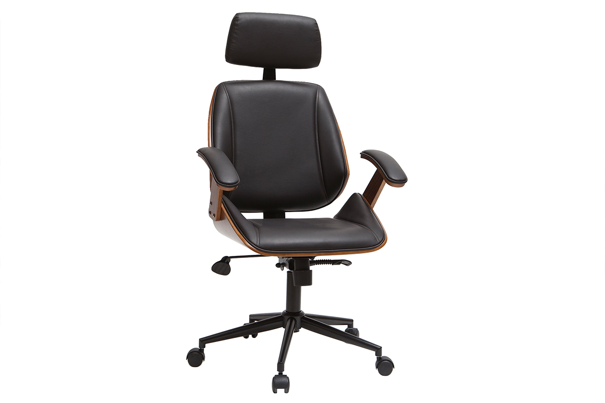 Fauteuil de bureau de direction design noir, bois fonc noyer et mtal noir MUSK