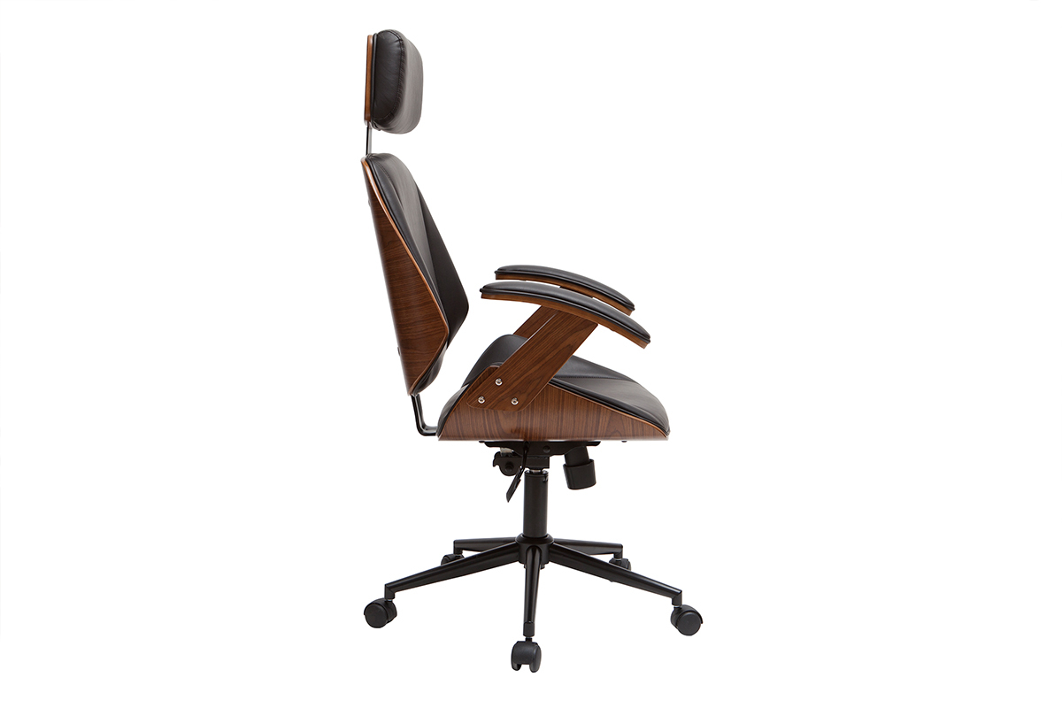 Fauteuil de bureau de direction design noir, bois fonc noyer et mtal noir MUSK