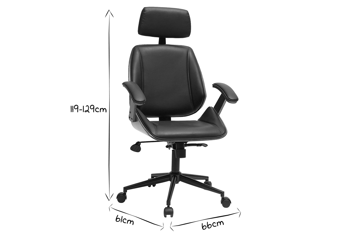 Fauteuil de bureau de direction design noir, bois fonc noyer et mtal noir MUSK