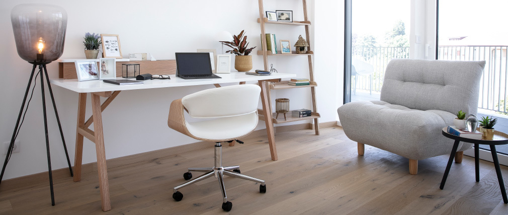 Fauteuil de bureau design blanc et bois clair ARAMIS