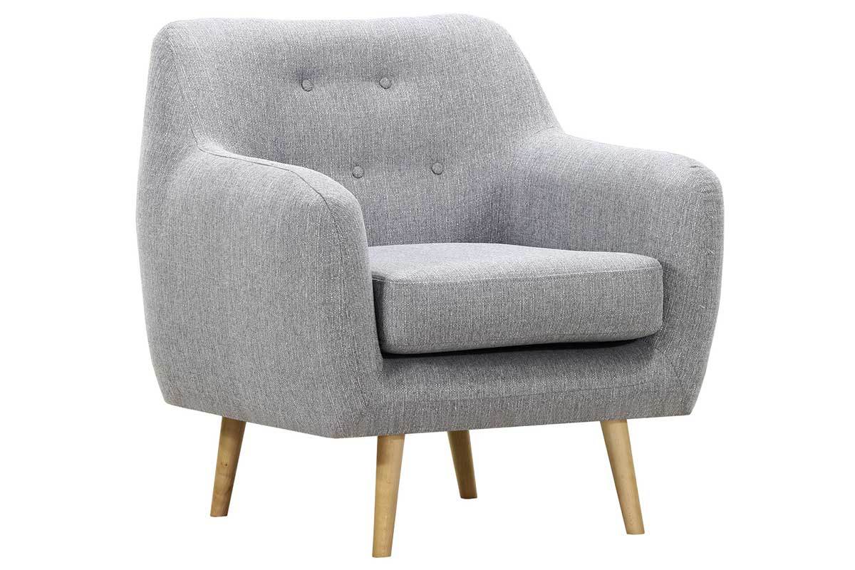 Fauteuil design bois clair et tissu gris clair OLAF