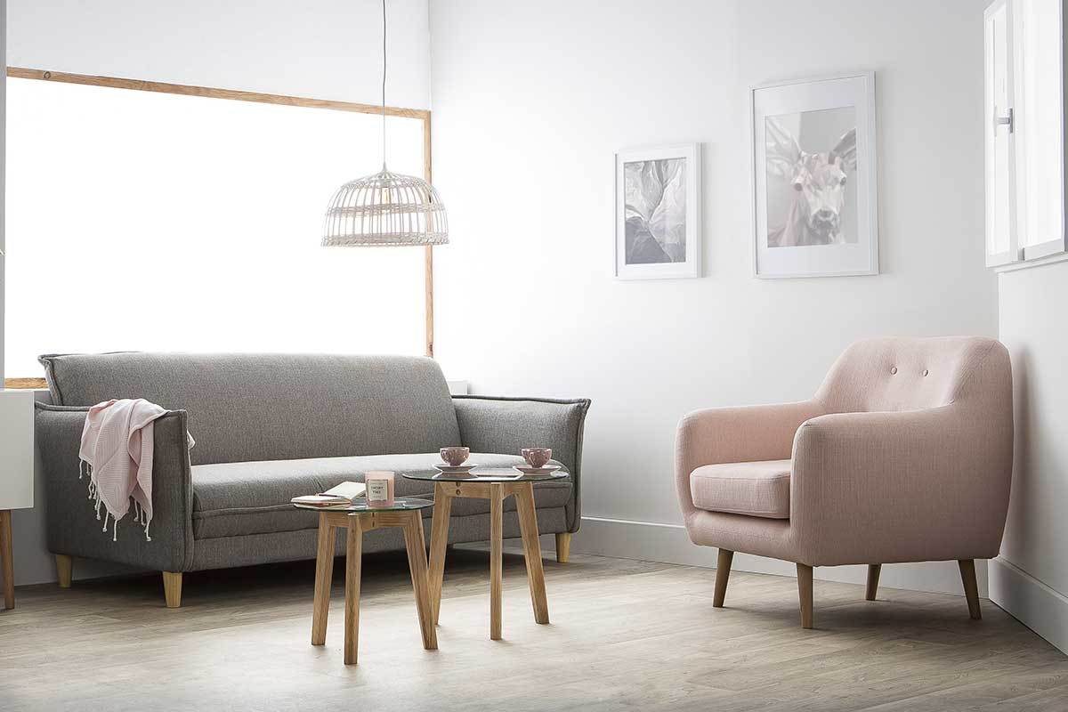 Fauteuil design bois clair et tissu gris clair OLAF