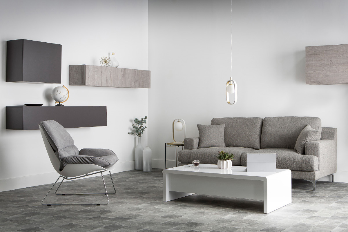 Fauteuil design coque blanche et tissu gris KOKON