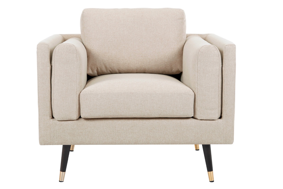 Fauteuil design en tissu beige naturel, bois noir et m�tal dor� STING