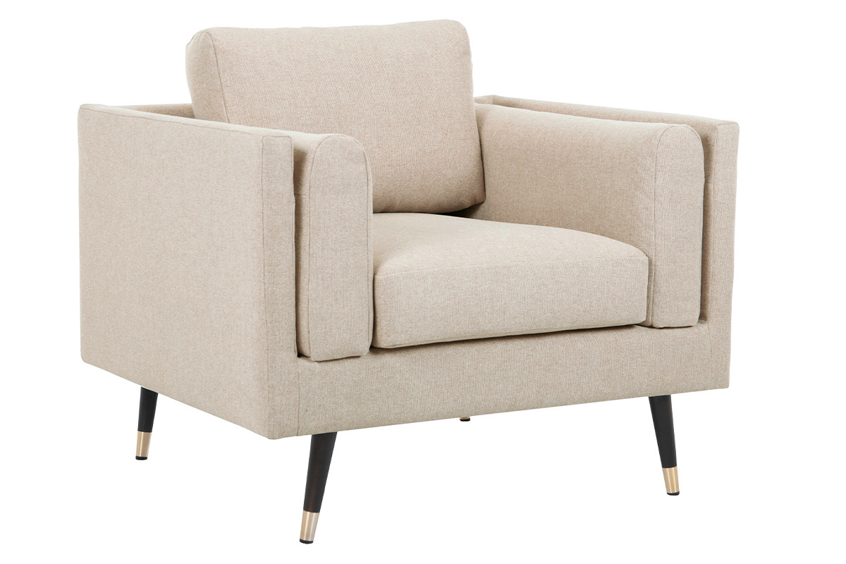 Fauteuil design en tissu beige naturel, bois noir et m�tal dor� STING