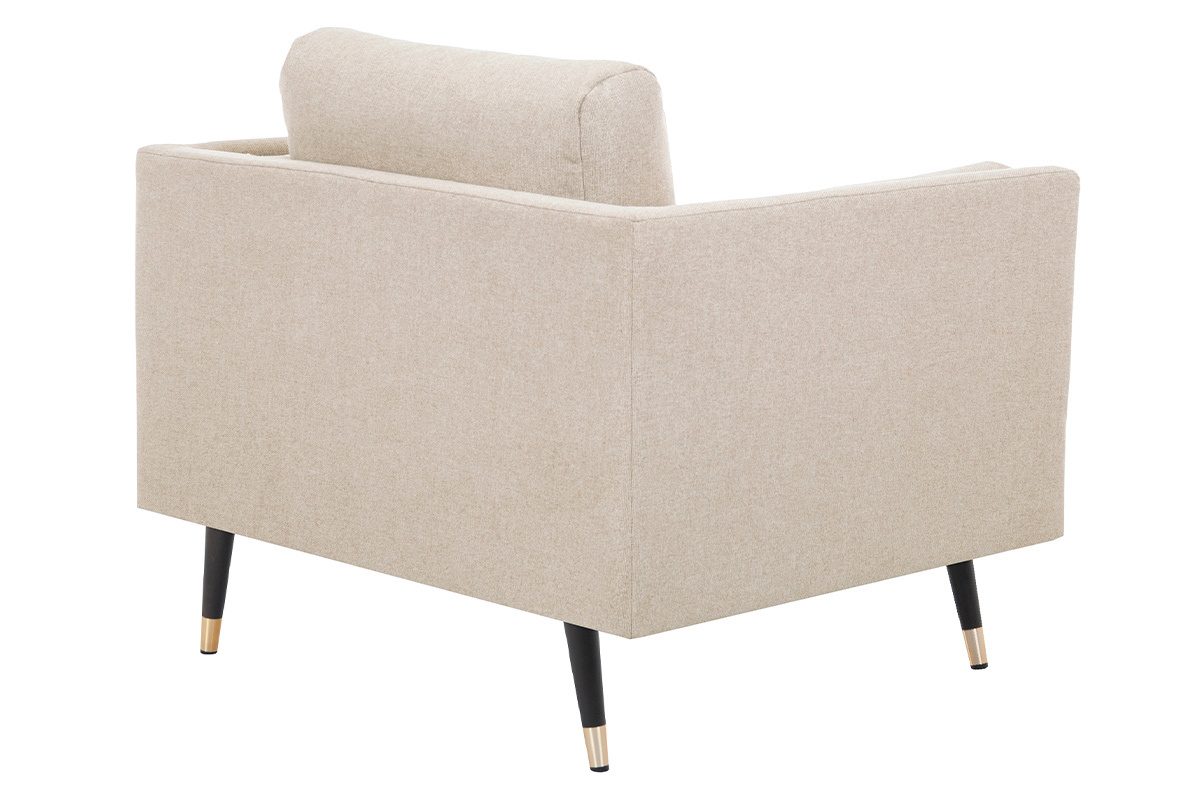 Fauteuil design en tissu beige naturel, bois noir et m�tal dor� STING