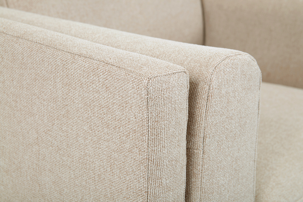 Fauteuil design en tissu beige naturel, bois noir et m�tal dor� STING