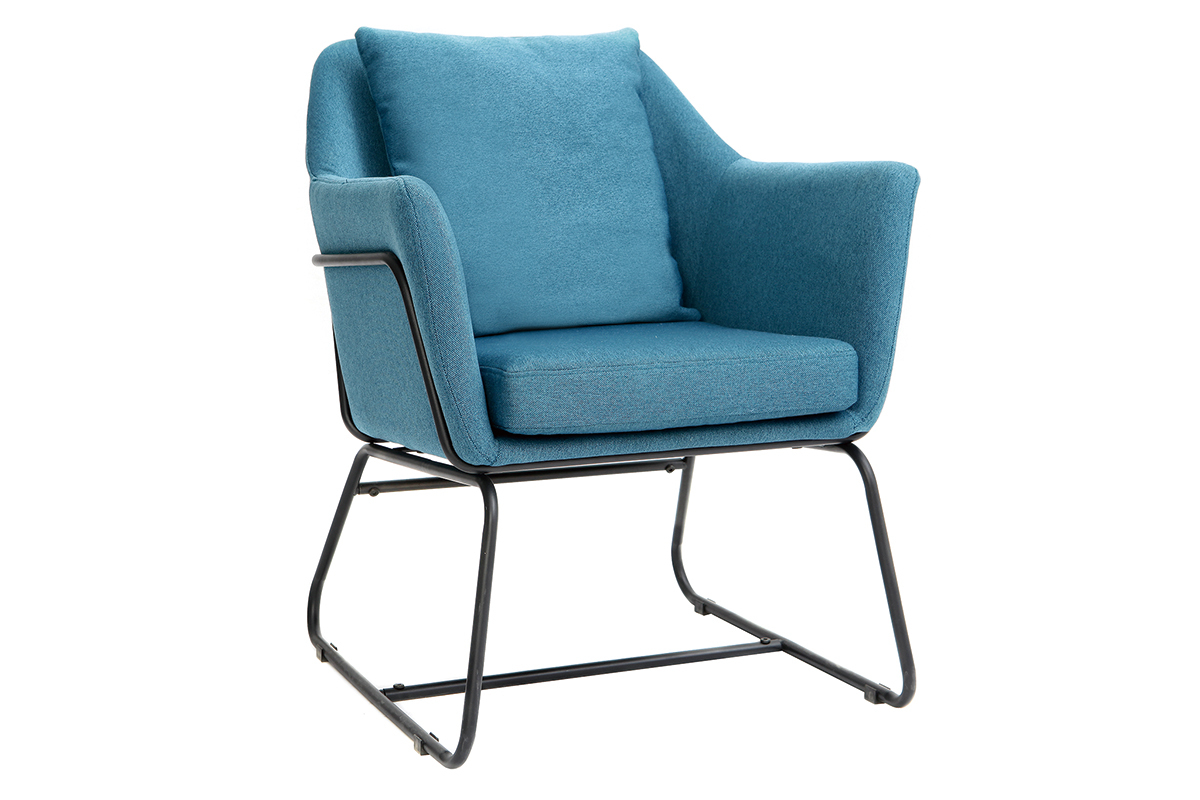 Fauteuil design en tissu bleu canard et m�tal noir MONROE