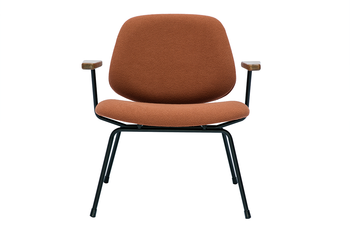 Fauteuil design en tissu effet laine boucle terre brle, mtal noir et bois fonc BARNET