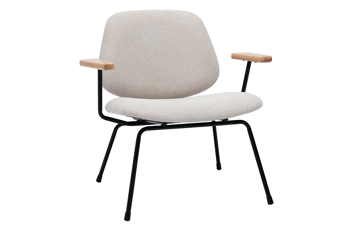 Fauteuil design en tissu effet velours beige, mtal noir et bois clair BARNET