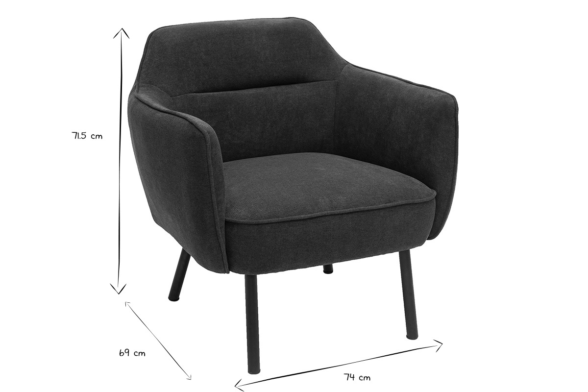 Fauteuil design en tissu effet velours gris fonc et mtal noir LAURENS
