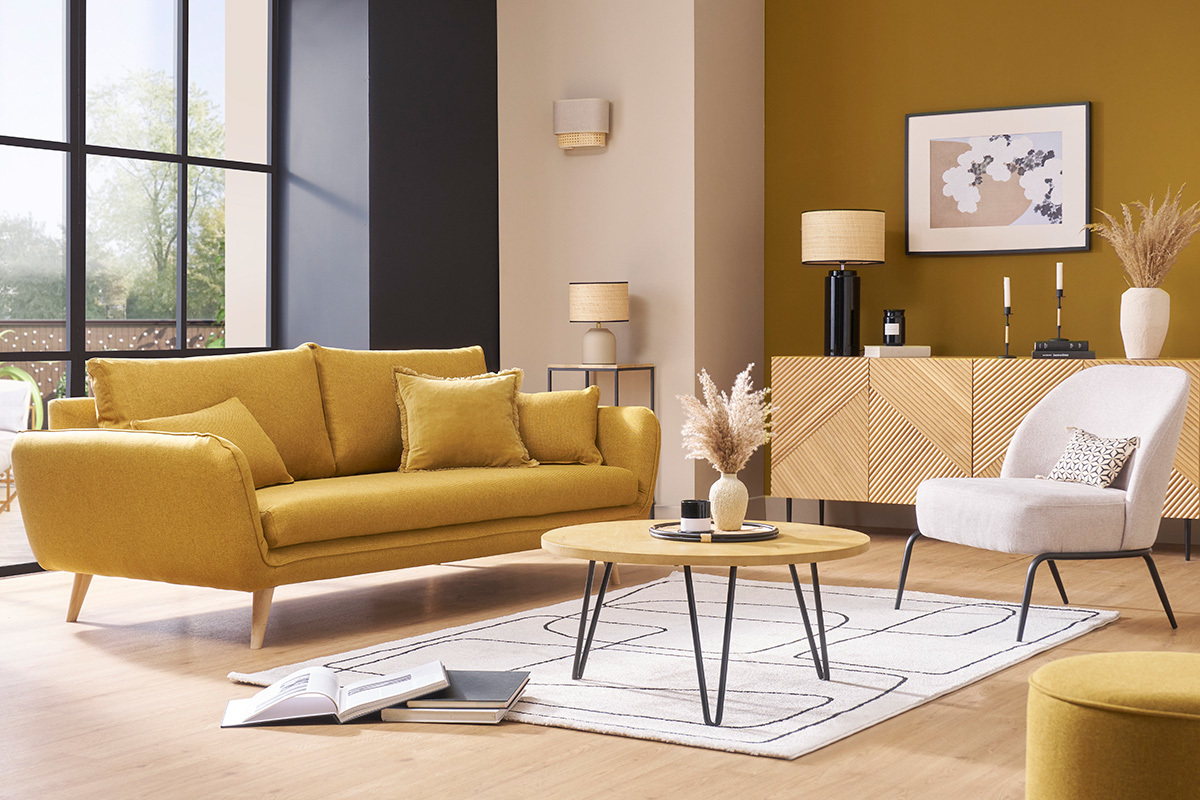 Fauteuil design en tissu effet velours textur beige et mtal noir BREGO
