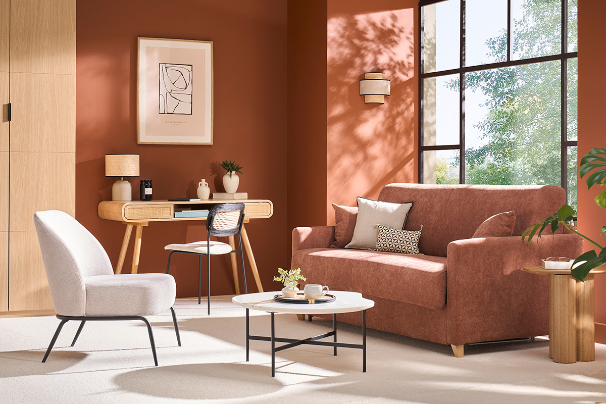 Fauteuil design en tissu effet velours textur beige et mtal noir BREGO