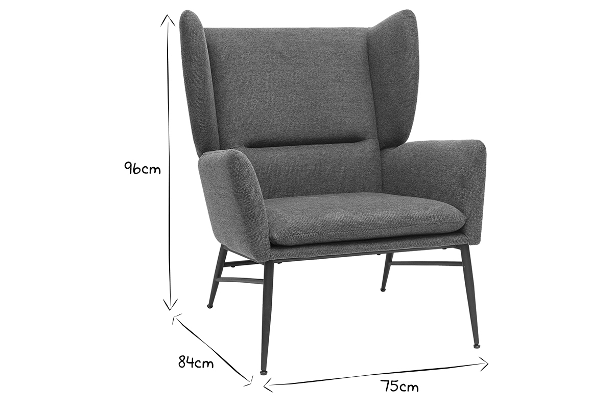 Fauteuil design en tissu effet velours textur gris fonc et mtal noir COME