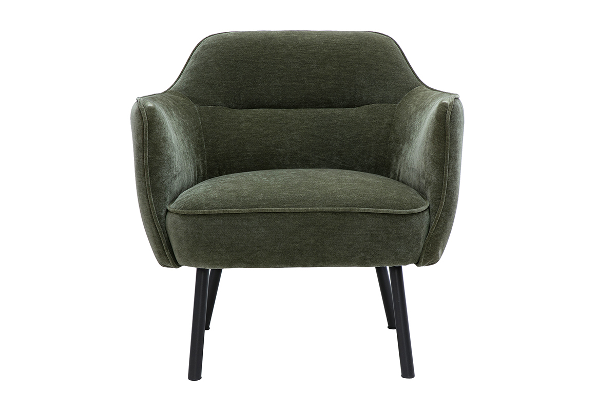 Fauteuil design en tissu effet velours vert kaki et mtal noir LAURENS