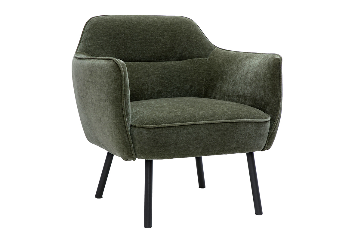 Fauteuil design en tissu effet velours vert kaki et mtal noir LAURENS