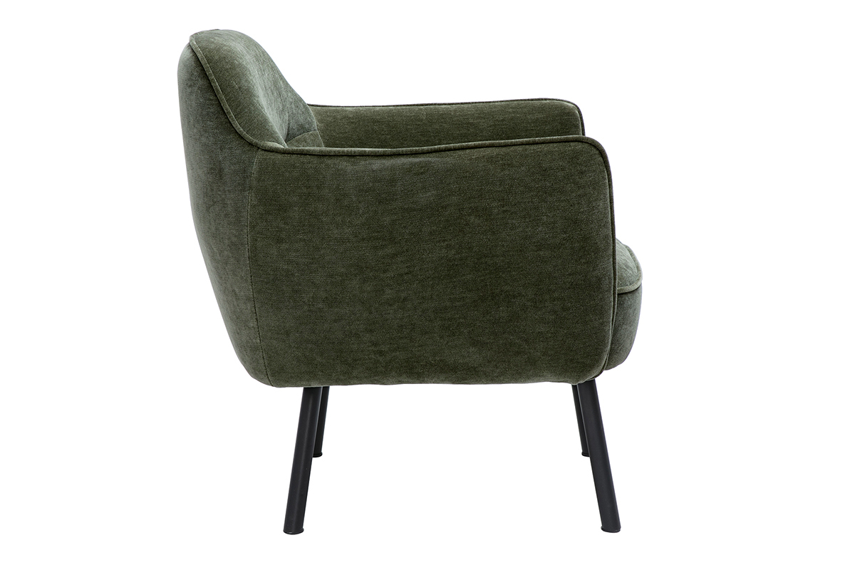 Fauteuil design en tissu effet velours vert kaki et mtal noir LAURENS