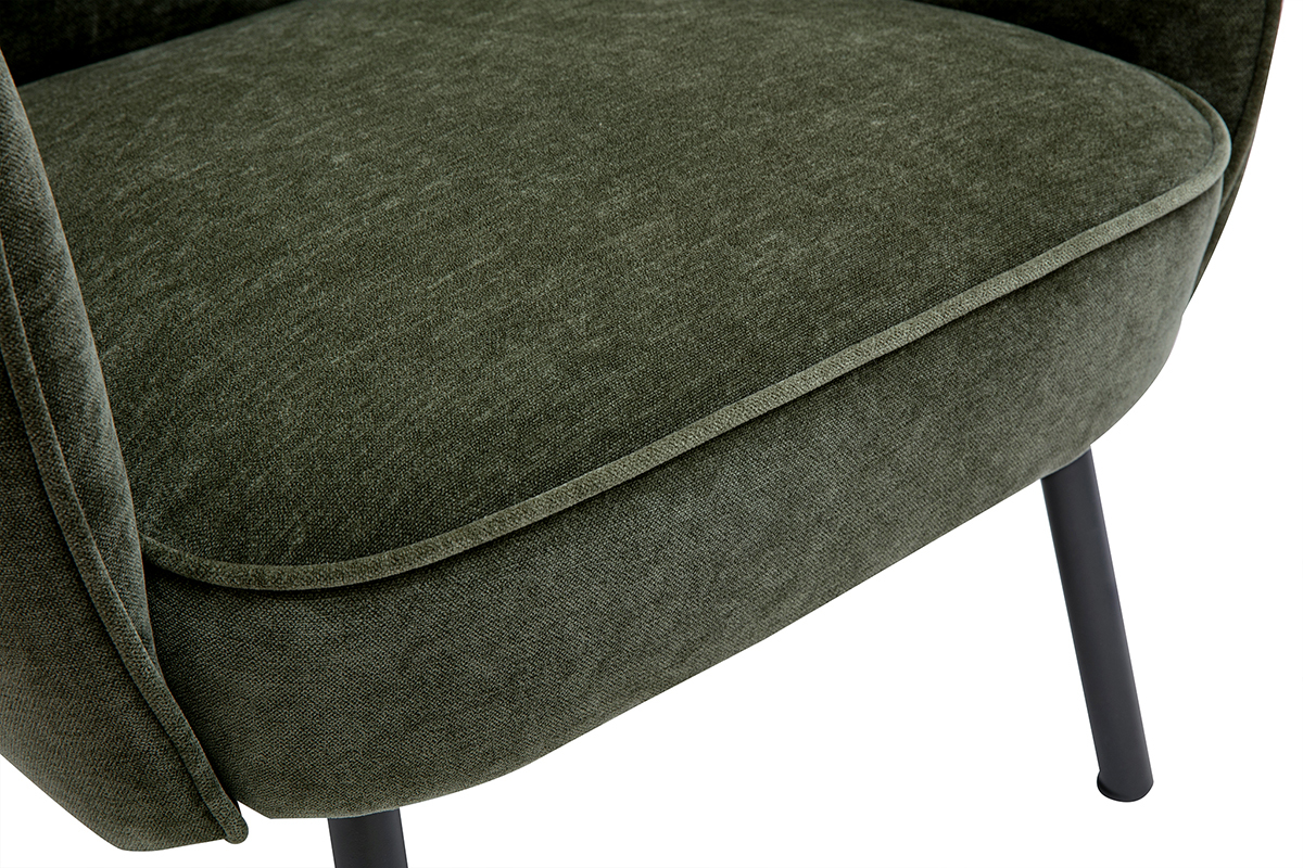 Fauteuil design en tissu effet velours vert kaki et mtal noir LAURENS